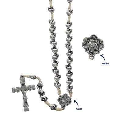Chapelet métal de l'EX VOTO, grains Ø 8 mm sur corde, longueur jusqu'au cœur 27 cm, croix avec Christ. Livré en boite.